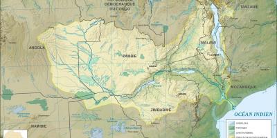 რუკა ზამბიის აჩვენებს, მდინარეები და ტბები